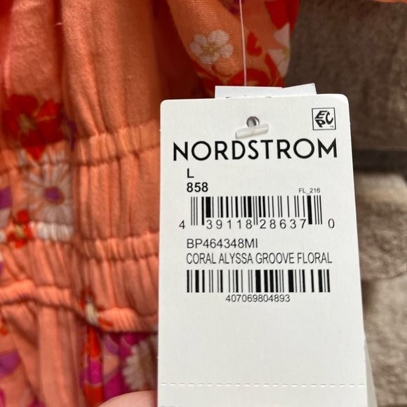 BP SHIRRED PUFF SLEEVE COTTON PRAIRIE DRESS CORAL ALYSSA GROOVE FLORAL Large - Picture 7 of 9